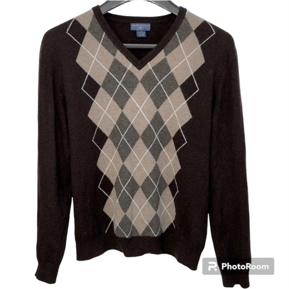Joseph &‎ Lyman 100% cashmere men’s XL brown, beige & white argyle sweater.  EUC